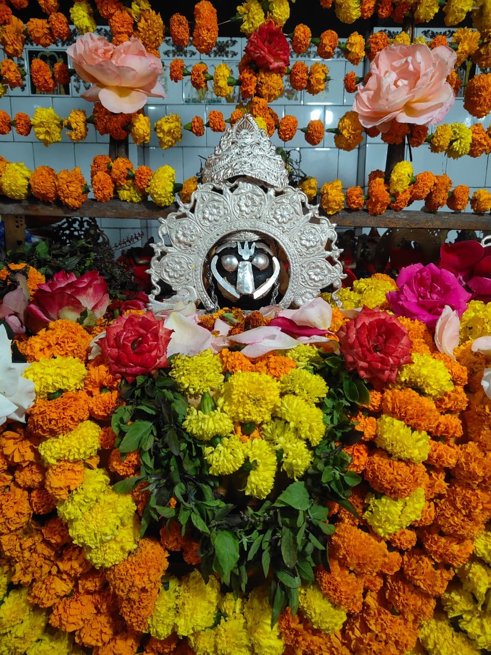 Sri Sri Nrusinghanath deity adorned with marigold and rose garlands
